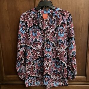 Tracy‎ Negoshian Womens XS Damask Floral Smocked Split Neck Blouse dark academia